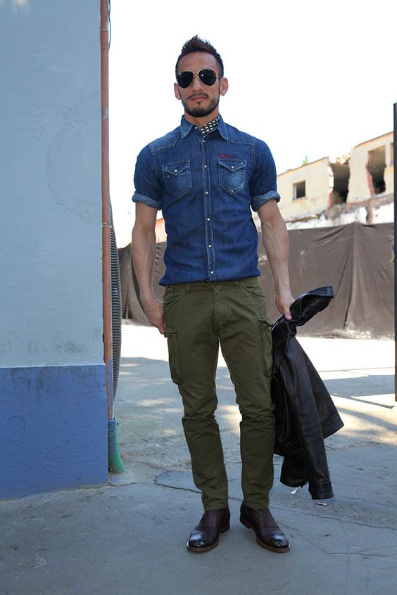 Blue denim short-sleeve shirt, green cargo pants